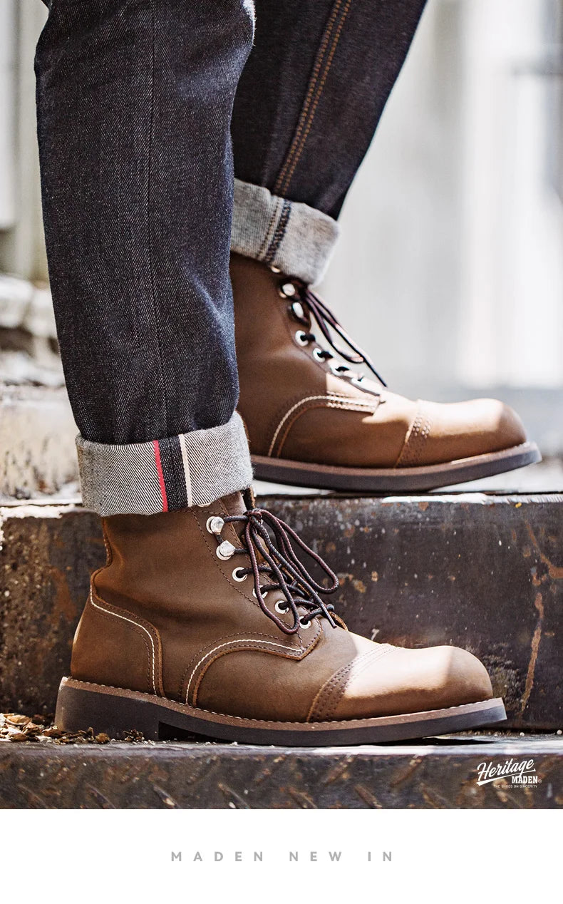 Full-Grain Leather 8111 Ankle Boots Retro Genuine Leather Paratrooper Motorcycle Boots for Men's Fall Winter Casual Shoes