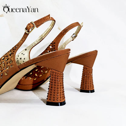 2025 Elegant Women's Peep-Toe Heels and Matching Olive Color Diamond Pumps Set Stylish Italian Shoes and Bags for Parties
