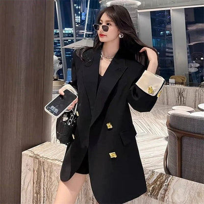 Unique Niche Black Double Breasted Women Blazer New Spring Autumn Office Commuter Mid Length Premium Light Luxury Suit Jacket