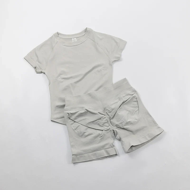 Seamless Yoga Set Fitted Workout Clothes Woman Gym Wear Short Sleeve Top Shirt Scrunch Booty Gym Shorts 2 Piece Sports Suits