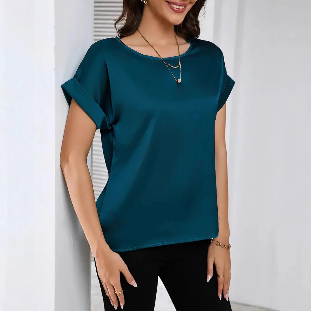 2025 Women's Clothing Summer New Simple Style Round Neck Solid Color Light Sensation Short Sleeve Loose T-shirt