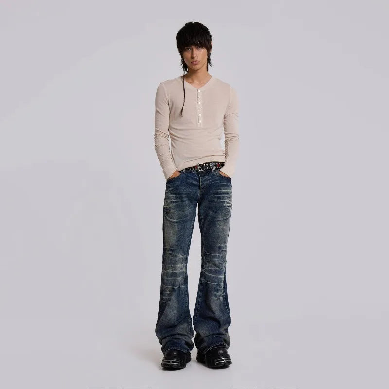 Y2K Vintage Flared Jeans Mid Blue Washed Men Women Bootcut Jeans American Hip Hop Distressed Streetwear Unisex Wide Leg Pants