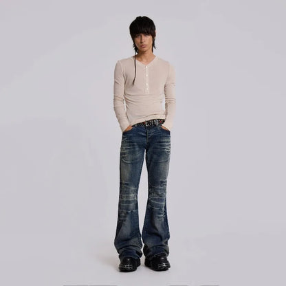 Y2K Vintage Flared Jeans Mid Blue Washed Men Women Bootcut Jeans American Hip Hop Distressed Streetwear Unisex Wide Leg Pants