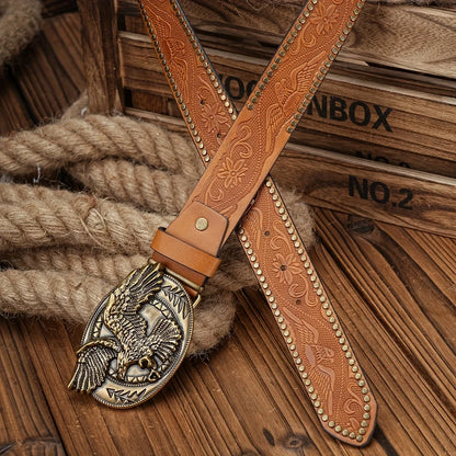 Men - Women - Western Denim - PU Leather - Belt - Vintage Jeans with Needle Buckle Brown Belt