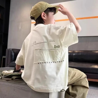 Cooling 100% Cotton Boys' Summer Short Sleeve T Shirt Big Tall Kids Loose Casual Trendy Hot Sale Apparel Wholesale