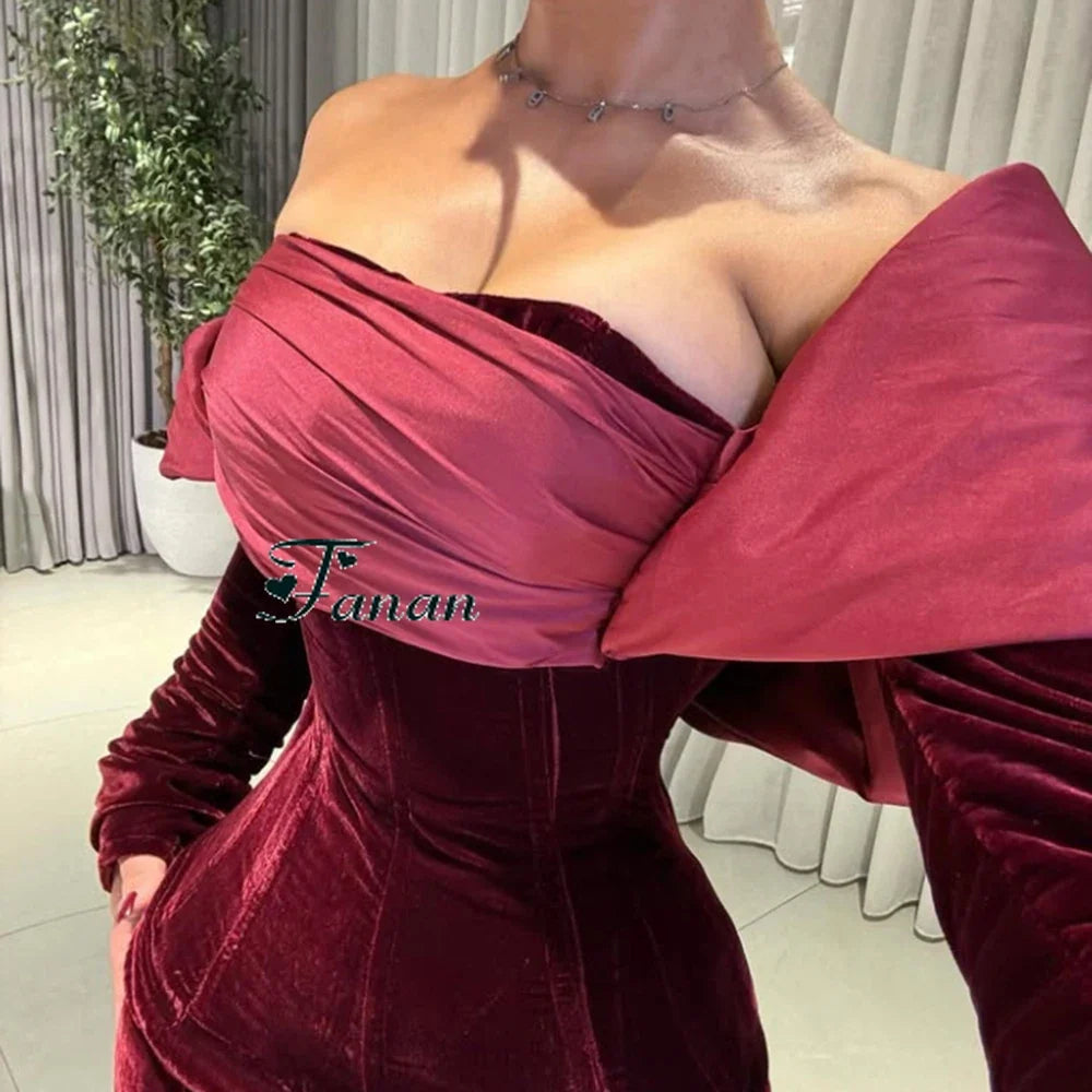 Customized Burgendy Velour Strapless Sweep Train Formal Evening Dresses Full Sleeves Backless Pleat Mermaid Party Prom Gowns