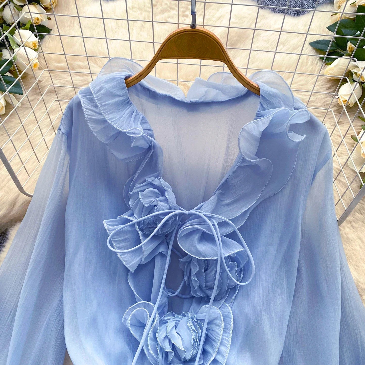 3D Floral Beach Short Dress Female Long Sleeves Lace Up Ruffle Chiffon Cake Sundress Sheer Sexy Vintage Bohemian Dress
