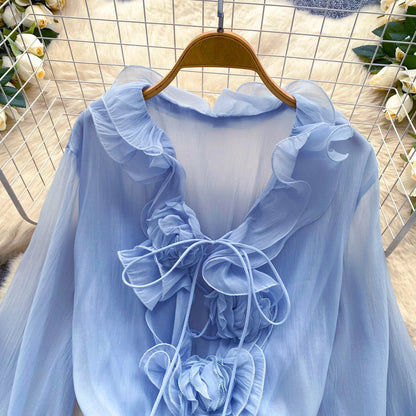 3D Floral Beach Short Dress Female Long Sleeves Lace Up Ruffle Chiffon Cake Sundress Sheer Sexy Vintage Bohemian Dress