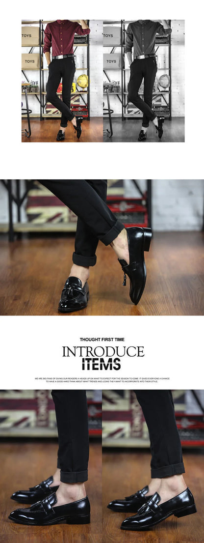 Fashion men's hair stylist pointed shoes British casual bright face retro small leather shoes nightclub fringe fashion shoes