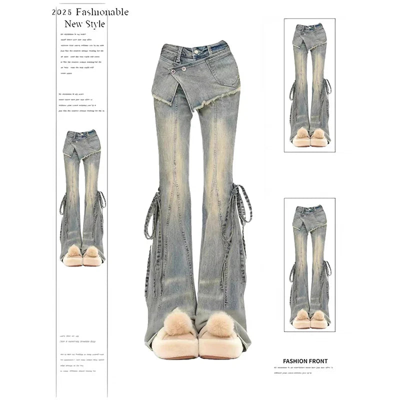 Winter Women Goblin Core Low Waisted Flare Denim Pants Patchwork Japanese Abi Y2k Harajuku Bell-Bottom Skinny Jean Grunge