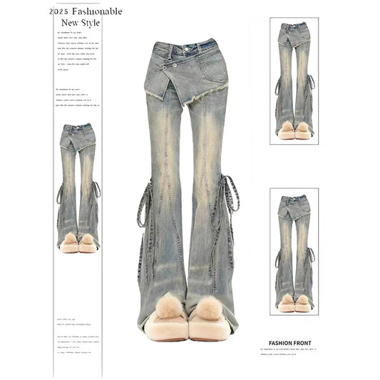 Winter Women Goblin Core Low Waisted Flare Denim Pants Patchwork Japanese Abi Y2k Harajuku Bell-Bottom Skinny Jean Grunge