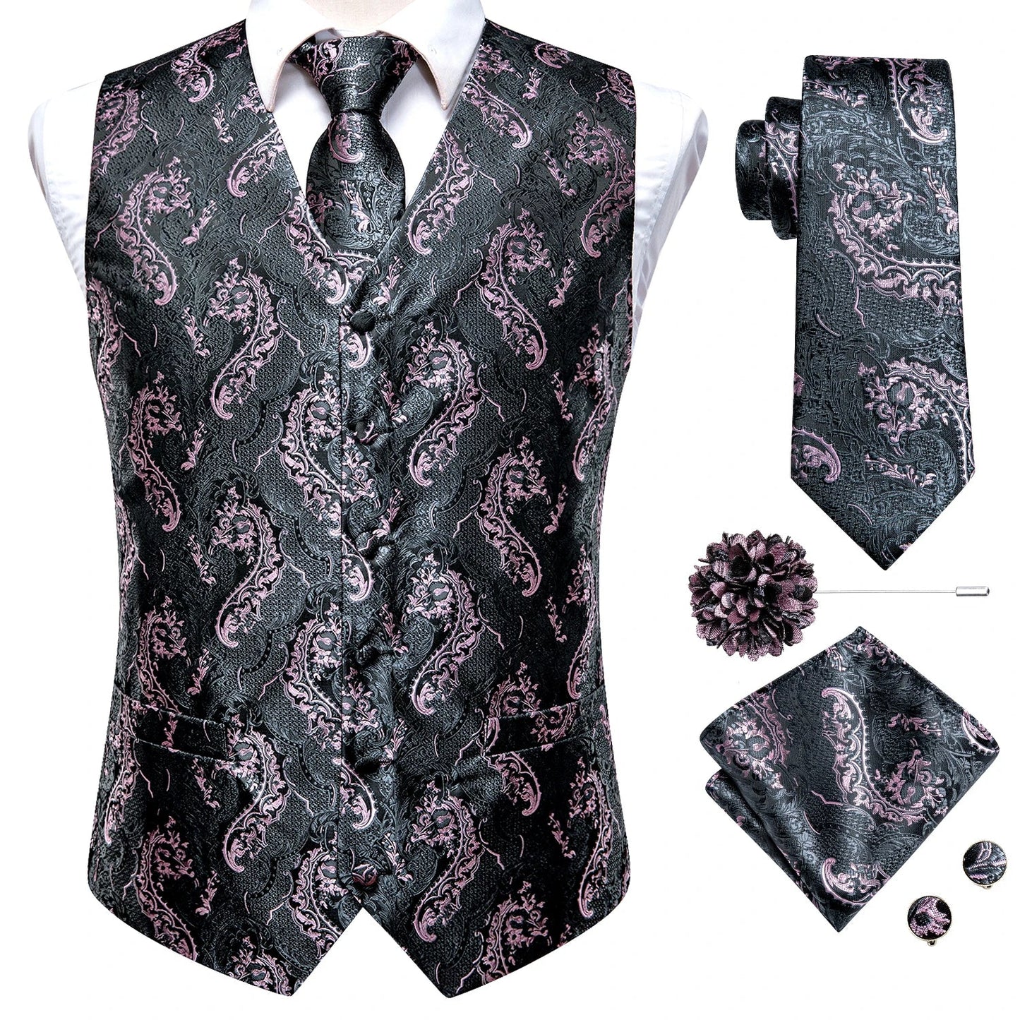 High Quality Silk Mens Vests Pink Gray Floral Waistcoat Tie Hanky Cufflinks Brooch Set for Men Suit Wedding Office Gift