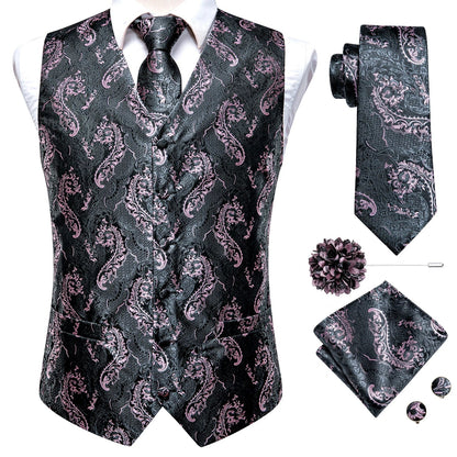 High Quality Silk Mens Vests Pink Gray Floral Waistcoat Tie Hanky Cufflinks Brooch Set for Men Suit Wedding Office Gift