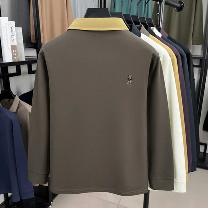 Premium luxury men's long sleeve polo shirt brand cartoon bear embroidery Korean style fashion comfort autumn new lapel T-shirt