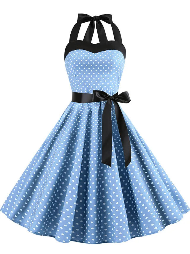 Women Polka Dot Print Summer Dress Sexy Retro White Halter Vintage Dress Robe Femme Pin Up Rockabilly Party Dress