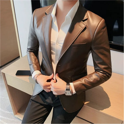 Men's Leather Jacket 2024 Autumn Highend Fashion Solid Slim Fit Business Blazers Coats Korean Casual PU Leather Suit Tuxedo