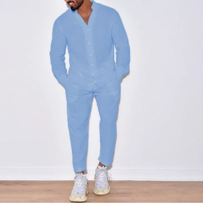 Autumn men's new fashion solid color suit cotton cardigan lapel long sleeve pants suit