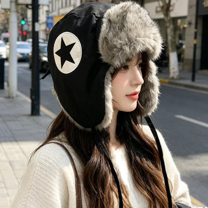Y2K Star Patch Wool Like Lined Lei Feng Hat Unisex Black Autumn Winter Warm Ear Protection Trapper Hat for Outdoor Activities