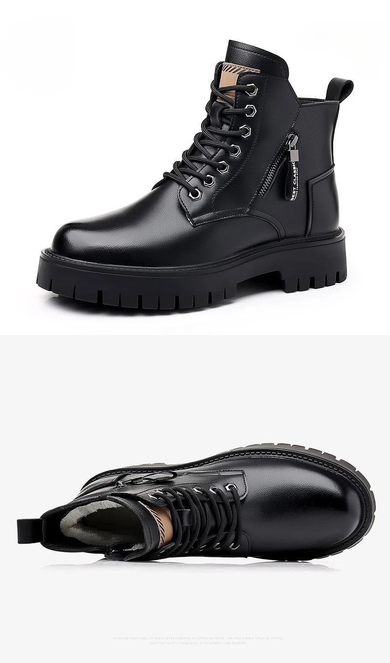 Winter thick soled Men's boots Outdoor waterproof laceup genuine leather boots male Comfortable warm leather shoes Botas Zapatos