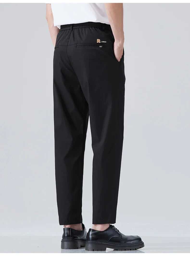 2026 Spring Summer Thin Ice Silk Suit Pants Men's Business Straight Slim High Elastic Ankle Length Casual Pants Male