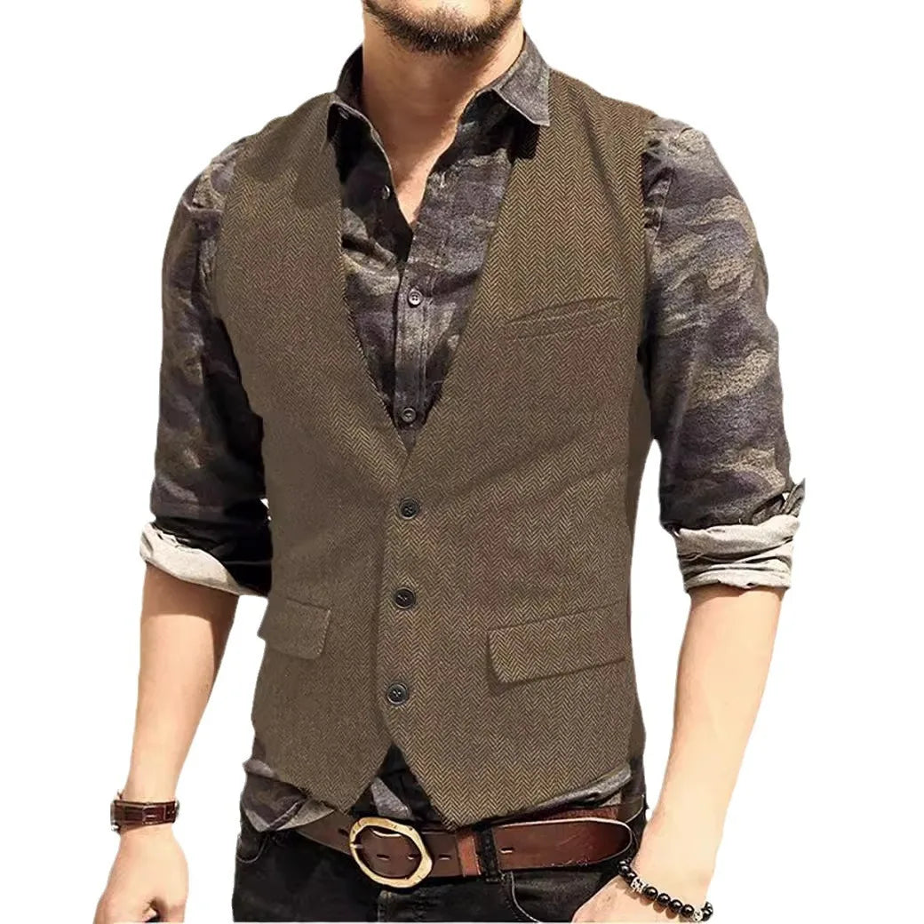 Black Men's Blazer Vest Euro Size Vintage Vests Man Single Breasted Outerwear Men's Suits Vest Spring Autumn Herringbone Vest