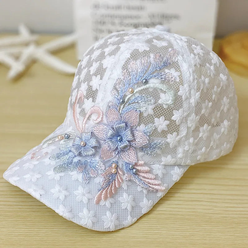 Summer Baseball Cap for Women Embroidered Flowers Mesh Breathable Duck Tongue Hat Sunscreen Sunshade Hat Rebound Cap