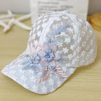 Summer Baseball Cap for Women Embroidered Flowers Mesh Breathable Duck Tongue Hat Sunscreen Sunshade Hat Rebound Cap
