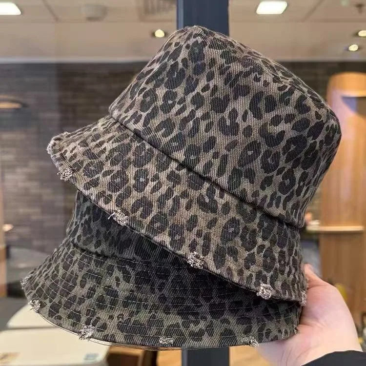 Leopard Print Bucket Hats Women Retro Hole Washed Border Men's Fisherman Hats Seasonal Outdoor Travel Basin Caps Sun Hats