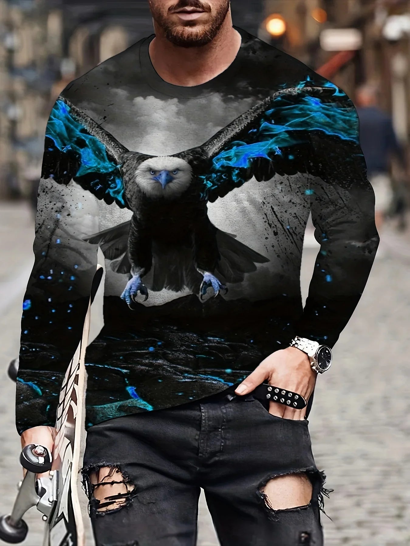 Fashion Eagle 3D Digital Printing Men's Casual Comfortable Long Sleeve T Shirt Fall Men's Patterned Clothing Tops Men's Gifts