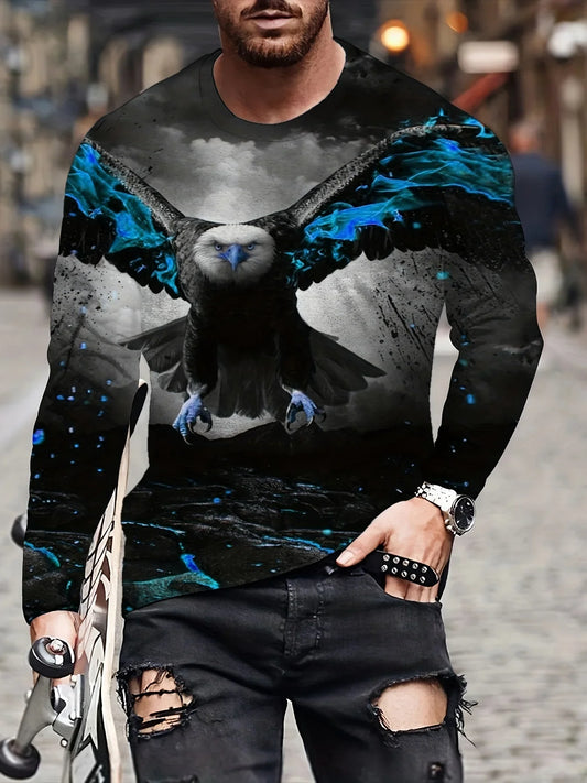 Men's Eagle Printed Long Sleeve Round Neck Retro Novelty T Shirt Autumn Fashion Large Size Long Sleeve Men's Shirt Clothing