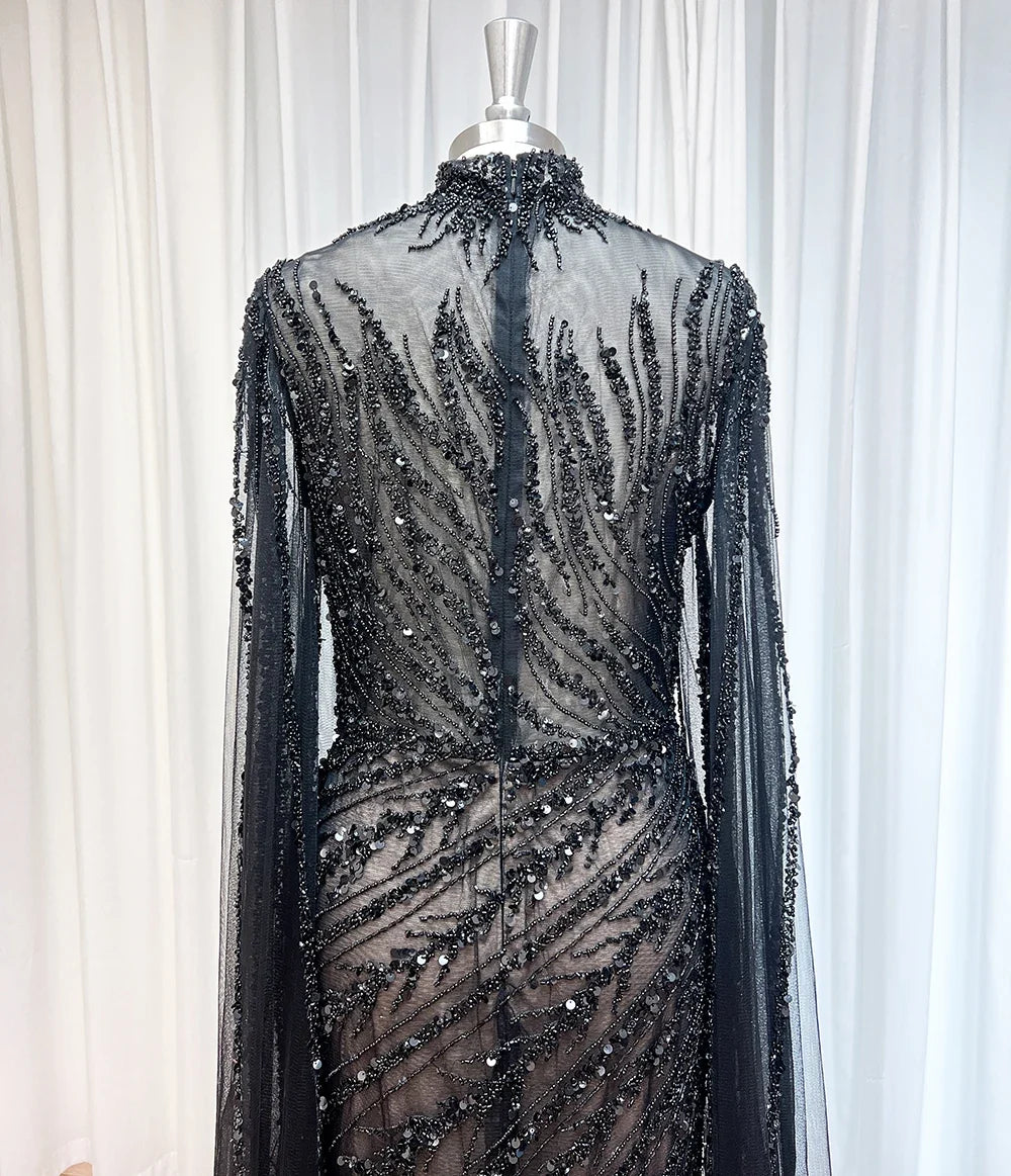 Luxury Beaded Evening Dress Cape Sleeve Dubai Sheer Neck Mermaid Formal Prom Wedding Party Gown Customized 2026