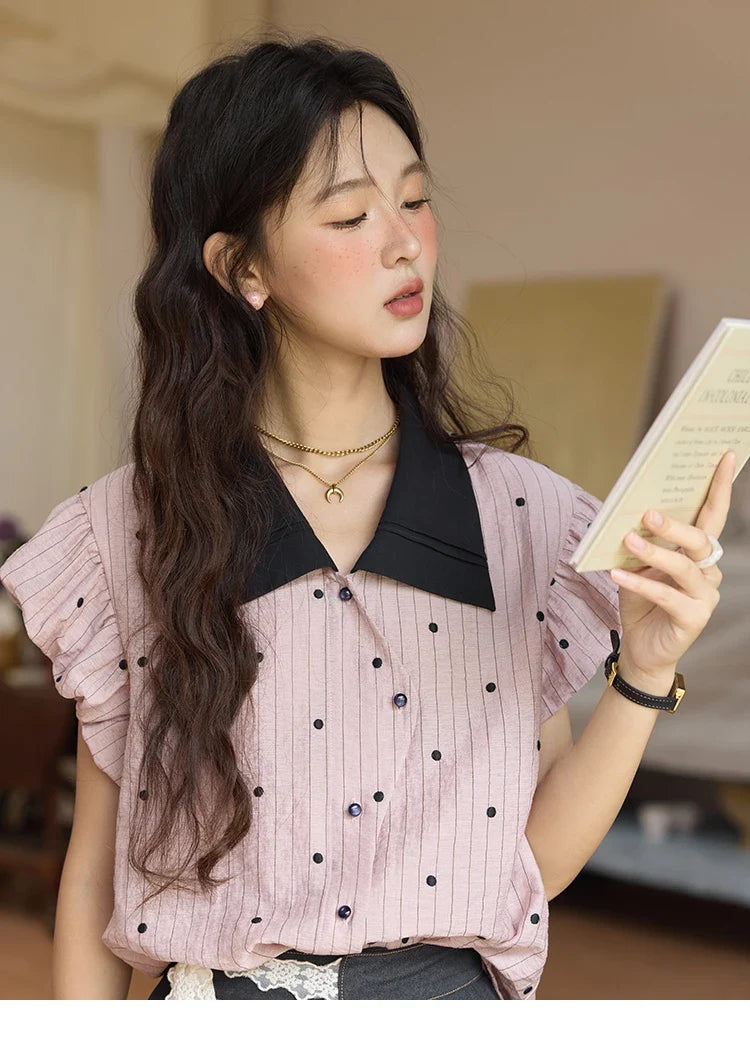 Summer Office Lady Blouses Women 2025 Short Sleeve Turn-down Collar Polka Dot Shirts Female Fashion Slim Tops MXE31C0776