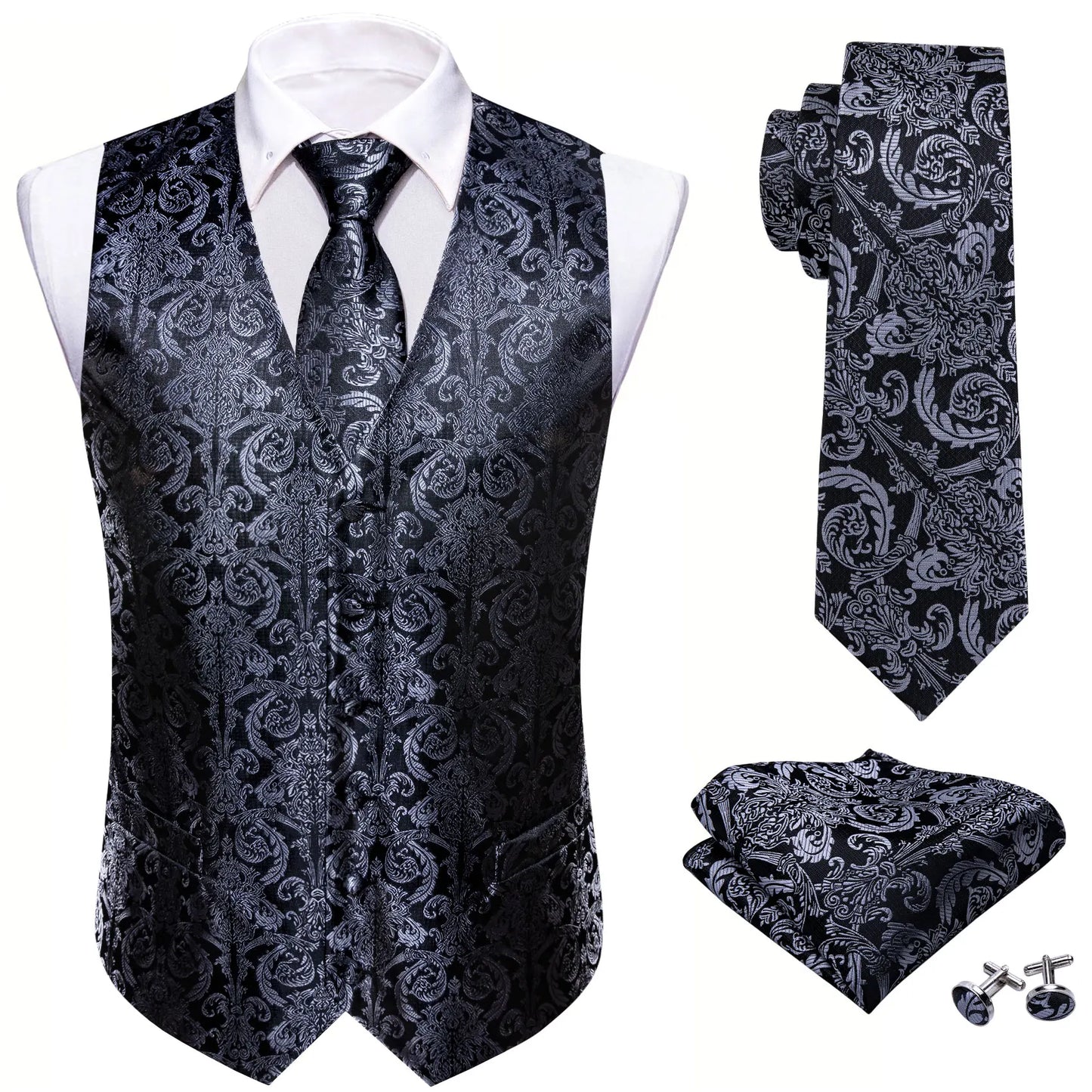 Black Silver Vintage Pattern Vest Matching Set Tie Pocket Square Cufflinks For Formal Business Conference