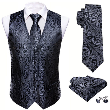 Black Silver Vintage Pattern Vest Matching Set Tie Pocket Square Cufflinks For Formal Business Conference