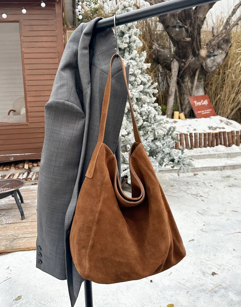2025 Women's Frosted Leather Tote Bag Large Capacity Soft Suede Bucket Handbag Lady Minimalist Underarm Hobo Shoulder Bag