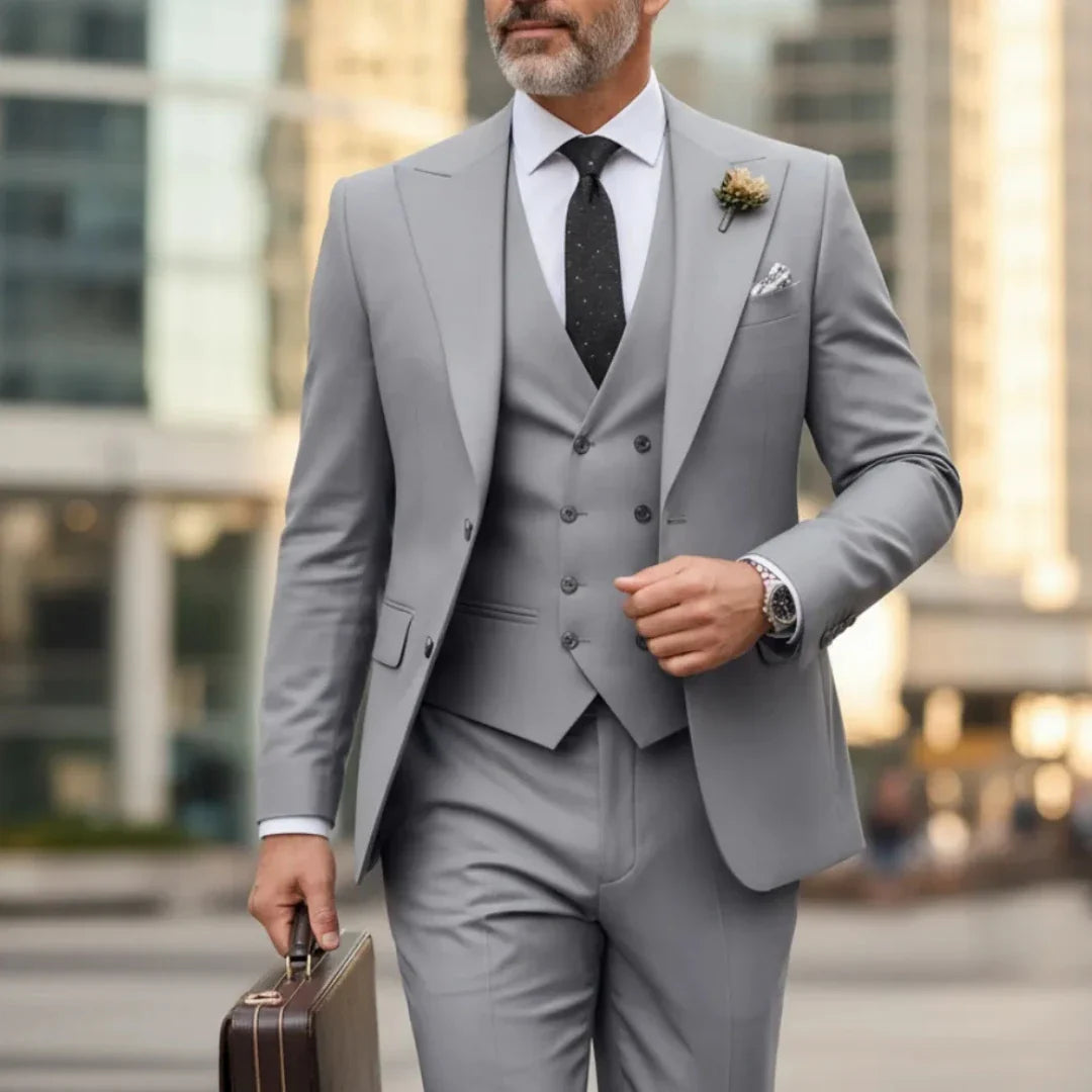 Men Suit Gray 3 Pieces Solid With Lapel For Wedding Groom Party Prom Birthday Banquet Business Work Set Jacket Vest With Pants