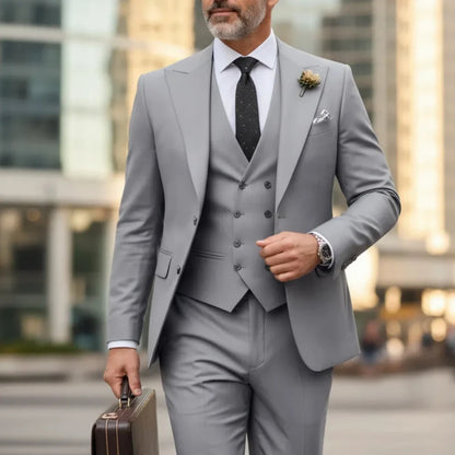 Men Suit Gray 3 Pieces Solid With Lapel For Wedding Groom Party Prom Birthday Banquet Business Work Set Jacket Vest With Pants