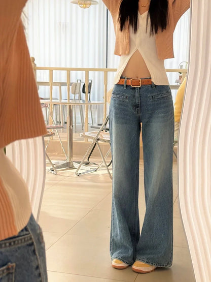 Retro High Waist Slim Fit Blue Jeans Women's Autumn Winter Straight Leg Long Pants Wide Leg Pants Classic Waed Denim