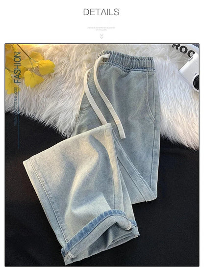Casual Jeans Men's Baggy Straight Elastic Waist Drawstring Korea Fashion Male Vintage Denim Trousers Streetwear 3XL