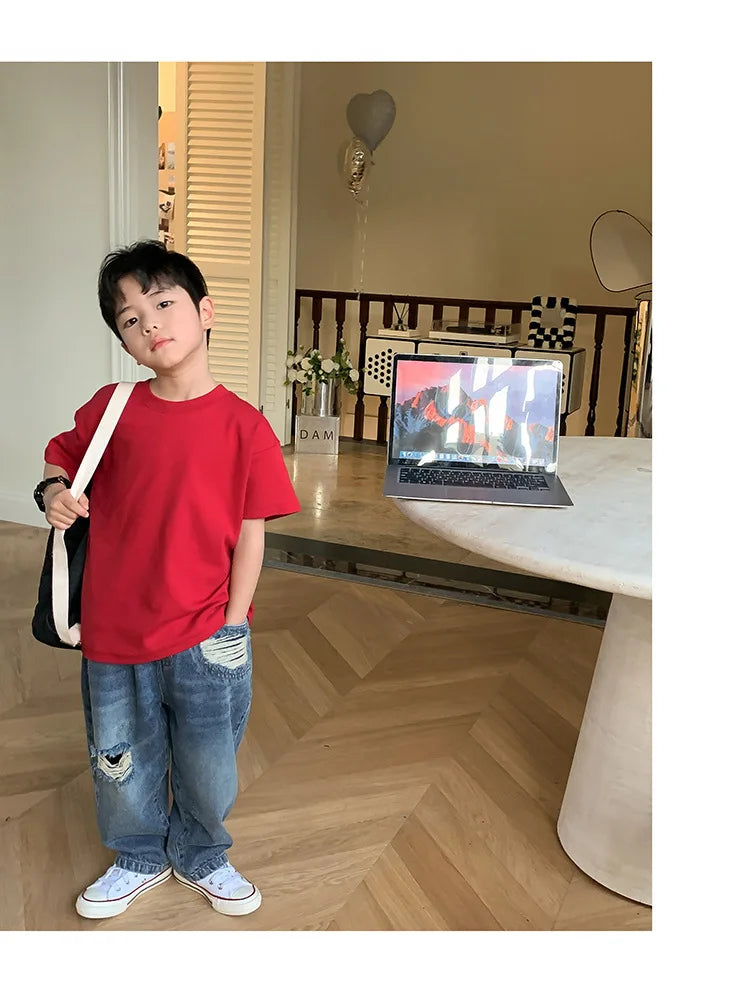 Summer Casual School Kids Cotton Plain Tee Tops Baby and Boys Short-Sleeved T-Shirt Children Outfit Clothing 1-16 Years