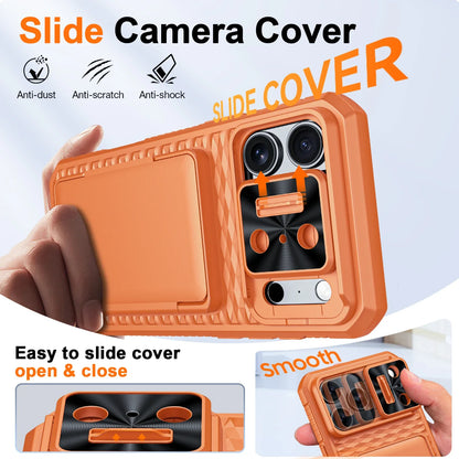 With Card Holder Sliding Camera Cover And Stand For iPhone 17 Pro/17 Pro Max Phone Case, Anti-Fall PC+TPU Wallet Case-Orange