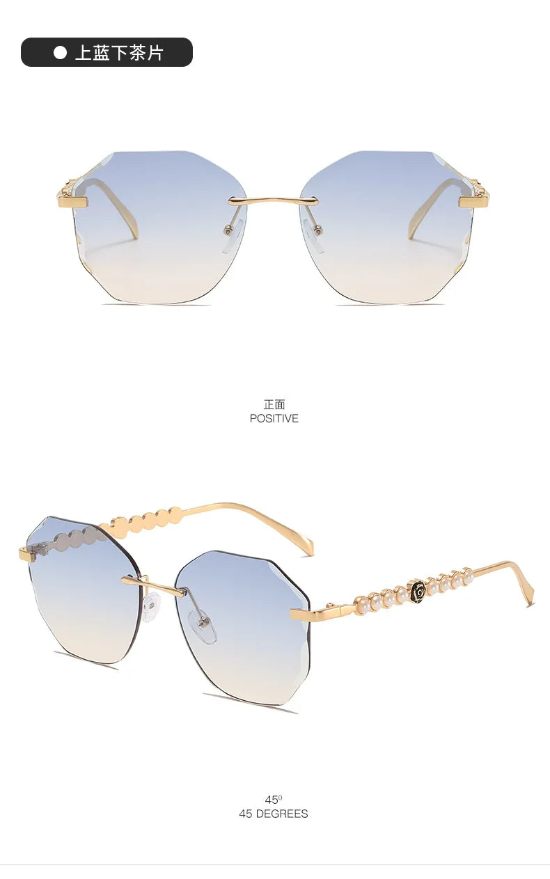 Women's Rimless Cut Edge Sunglasses Pearl Temple Gradient Lens Sun Glasses Elegant Y2K UV400 Shades Luxury Metal Fashion Eyewear