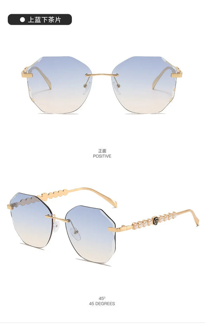 Women's Rimless Cut Edge Sunglasses Pearl Temple Gradient Lens Sun Glasses Elegant Y2K UV400 Shades Luxury Metal Fashion Eyewear