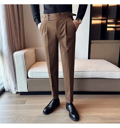 Autumn Winter High Waist Business Dress Pants Men Casual Belt Design Slim Suit Pants Formal Wedding Social Party Male Trousers
