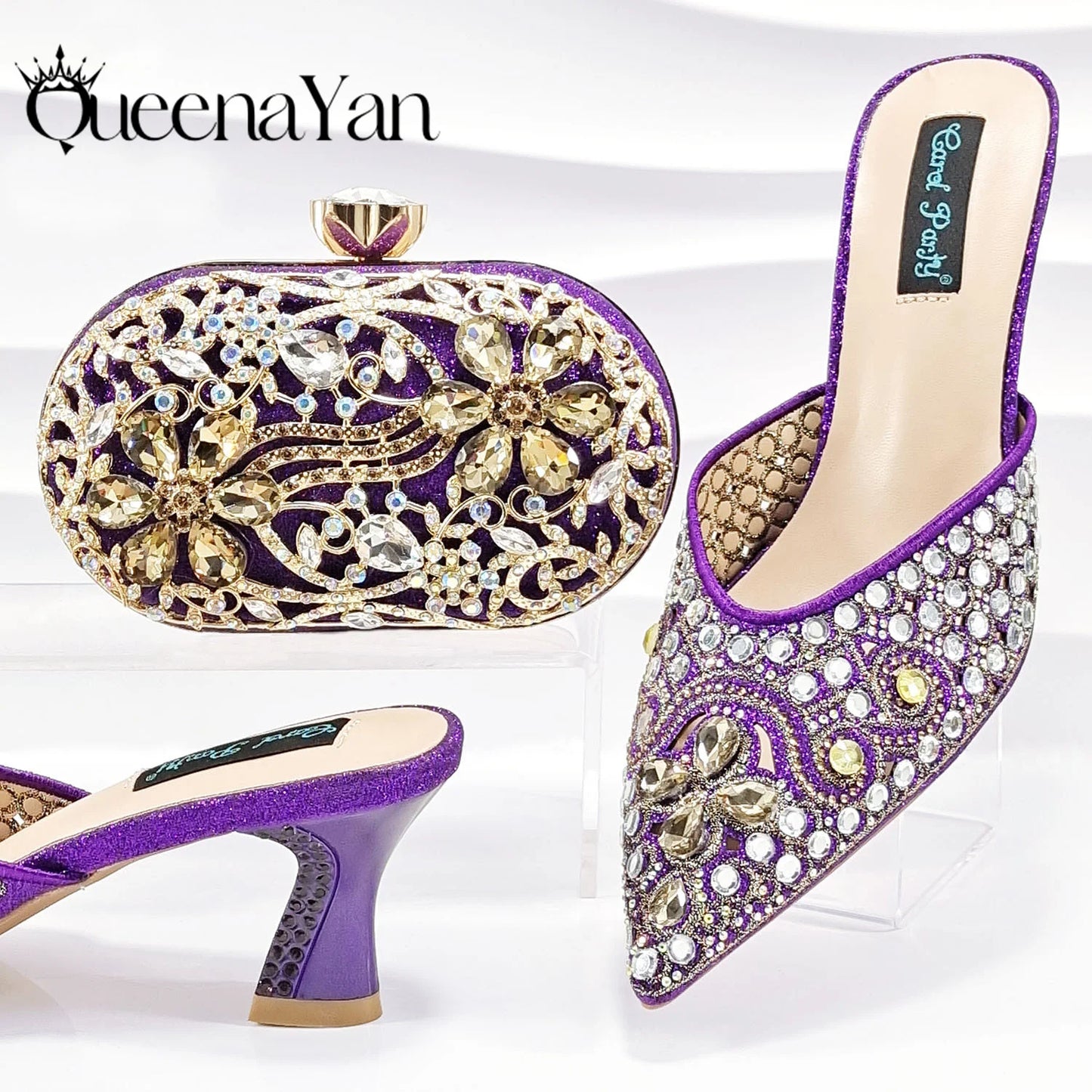 Nigerian Design Comfortable Women's Shoes with Diamond Oval Bag Women's High Heels for Party or Work