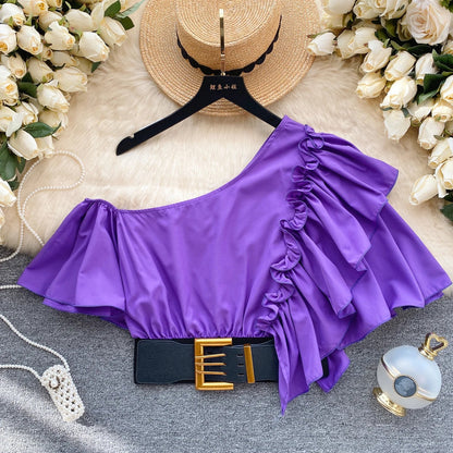 American Chic Blouse for Women Flounced Edge Skew Collar Bare Midriff Belt Skinny Shirts Summer Casual Female Tops Dropshipping