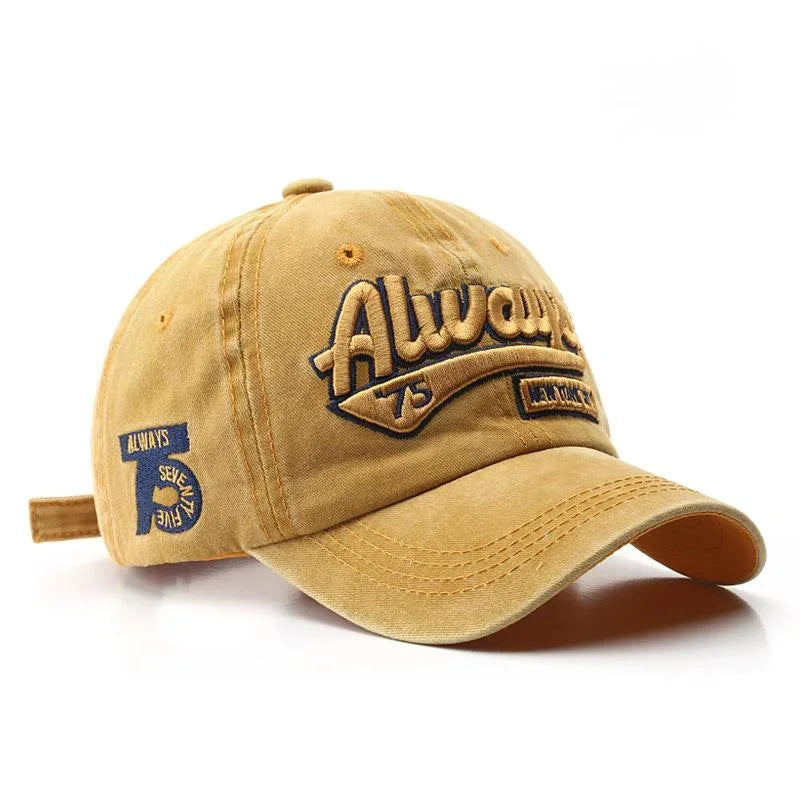 2025 Spring/Summer Unisex Cotton Baseball Cap Vintage Washed with Alphabet  ALWAYS Embroidery - Hip-Hop Inspired Snapback Design