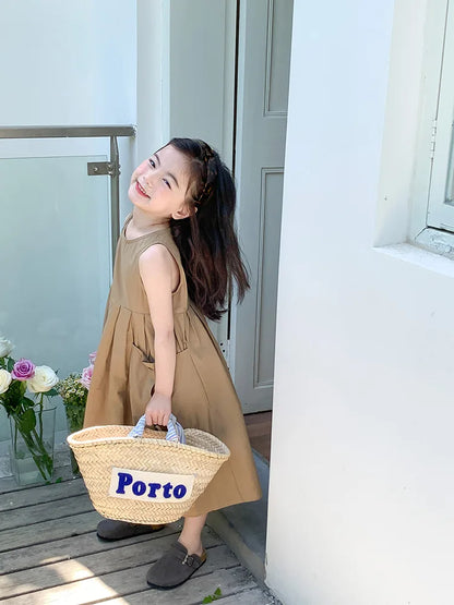 2026 New Summer Children Girls Sleeveless Dress Teen Solid Color Cotton Loose Casual Sundress Kids Vacation Style Princess Dress