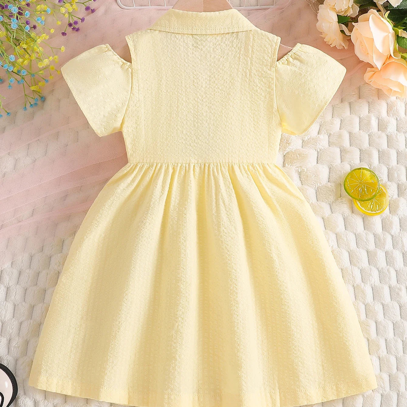 Girls Summer Dress 100% Cotton 2-8Y Cold Shoulder Short Sleeve Pineapple Embroidery Button Up Casual A-Line Sundress