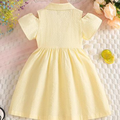 Girls Summer Dress 100% Cotton 2-8Y Cold Shoulder Short Sleeve Pineapple Embroidery Button Up Casual A-Line Sundress